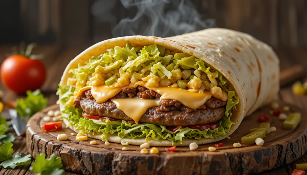 Crispy Chicken Burger - Big Mac & Beef Fajita Wraps 3 Homemade Big Mac wrap with beef patties, lettuce, pickles, cheese, and special sauce on a rustic wooden board with fresh ingredients around