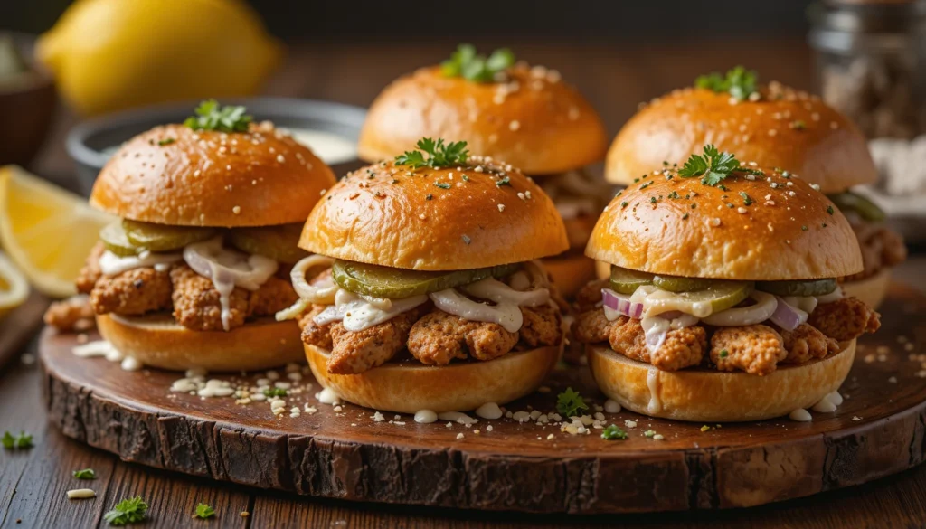 Honey Mustard Wraps, Sliders & Quick Healthy Breakfasts 3 Homemade Chicken Shawarma Sliders with spiced chicken, garlic sauce, and pickles arranged on a wooden board in a 16:9 composition