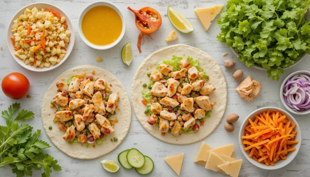 Honey Mustard Wraps, Sliders & Quick Healthy Breakfasts 2 Flat-lay of Honey Mustard Chicken Wraps ingredients including chicken, tortillas, vegetables, and honey mustard sauce arranged in a 16:9 format.