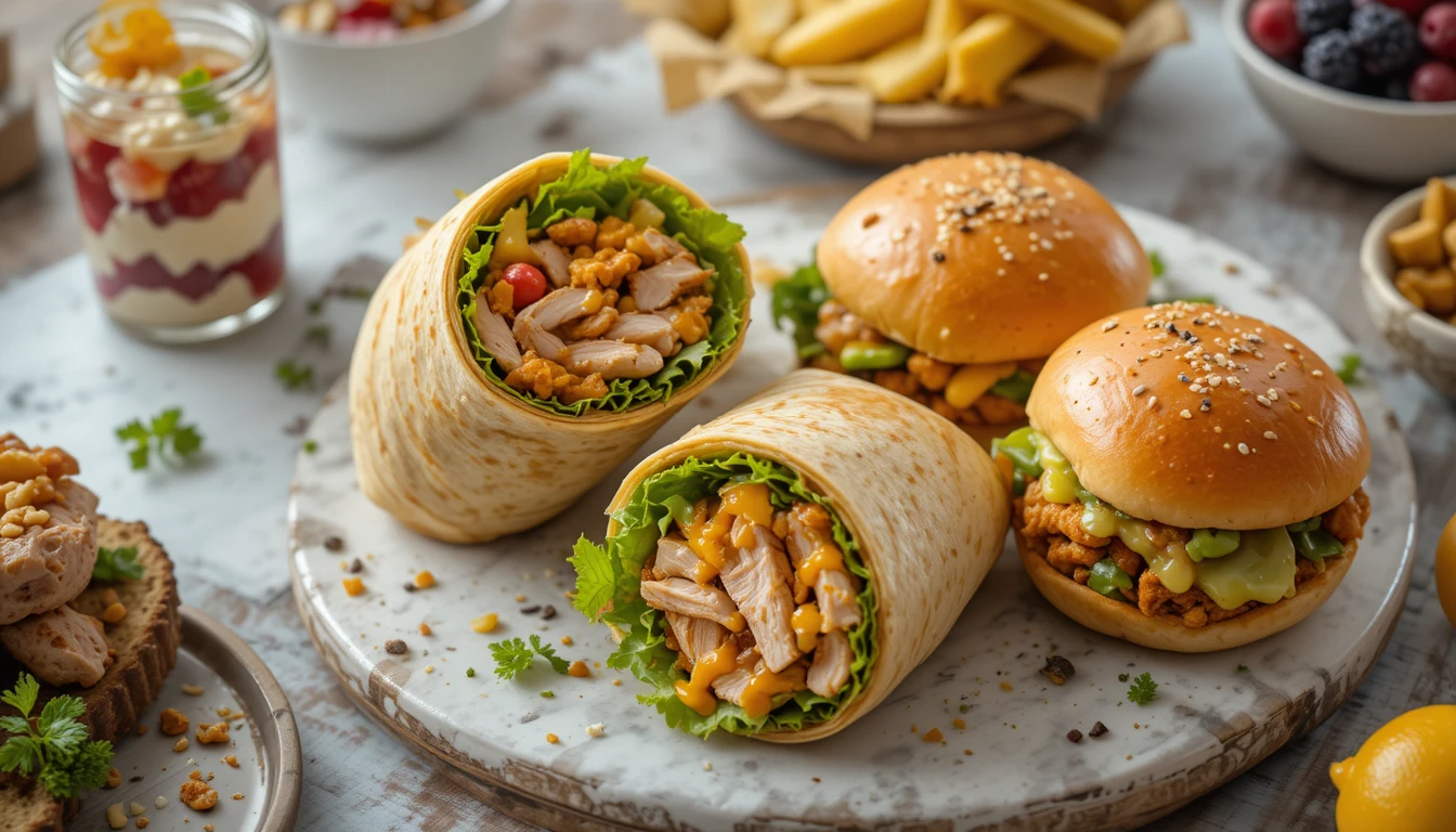 Honey Mustard Wraps, Sliders & Quick Healthy Breakfasts 1 Honey Mustard Chicken Wraps, Chicken Shawarma Sliders, and healthy breakfast dishes arranged together on a bright table in a 16:9 composition.