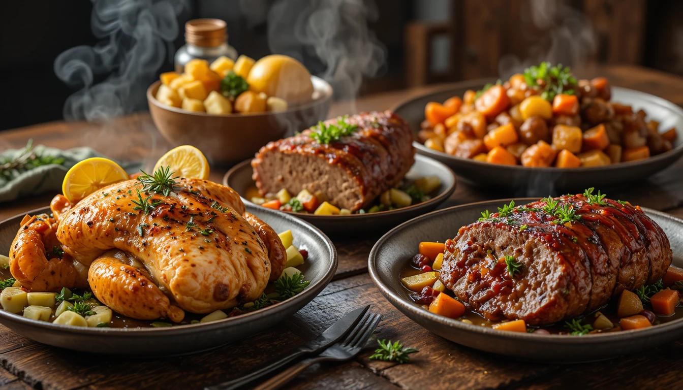 Dinner spread with juicy roasted chicken with lemon and herbs, French onion meatloaf with caramelized onions, and easy pot roast with beef, carrots, and potatoes on a rustic table.”