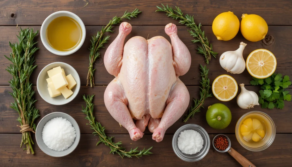 Separated ingredients for juicy roasted chicken with lemon and herbs including whole chicken, butter, olive oil, garlic, herbs, lemon, and spices arranged on a rustic surface