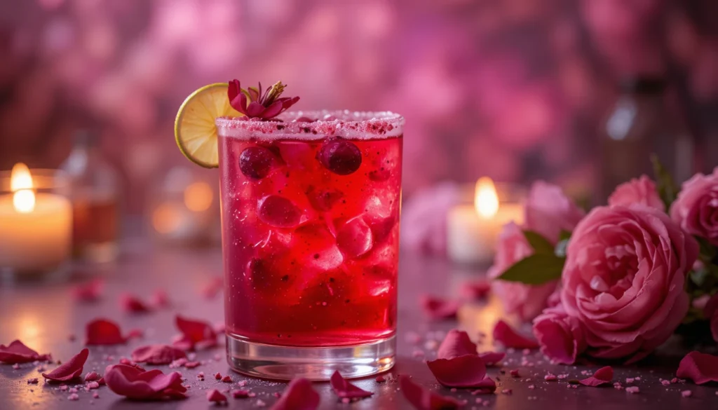 Floral & Fruity Cocktail Recipes: Golden Rosé Sunset 3 Love Spell Hibiscus Margarita cocktail with hibiscus flower, pink salt rim, and lime garnish in a romantic 16:9 composition.