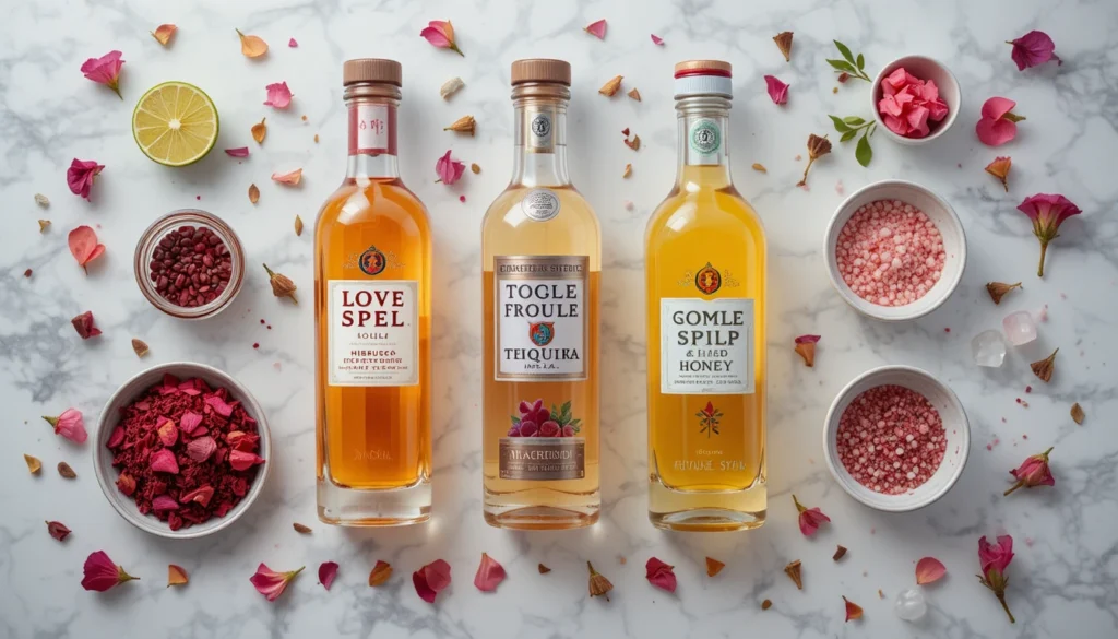 Floral & Fruity Cocktail Recipes: Golden Rosé Sunset 4 Flat-lay of Love Spell Hibiscus Margarita ingredients — hibiscus petals, tequila, lime, pink salt, honey, and ice arranged elegantly in a 16:9 frame.