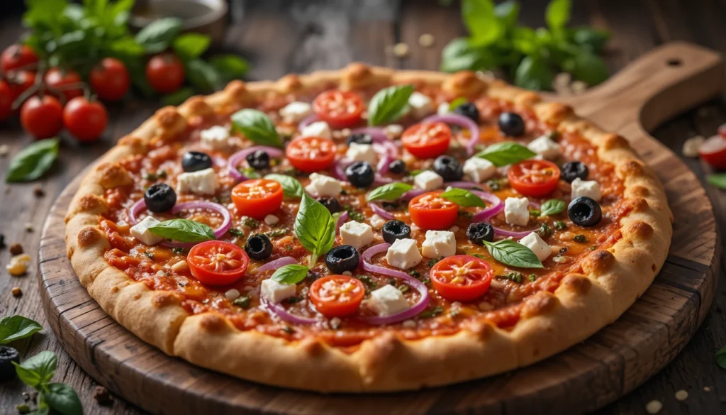 Mediterranean-style pizza with feta, cherry tomatoes, olives, spinach, and herbs served on a rustic wooden board with fresh ingredients around