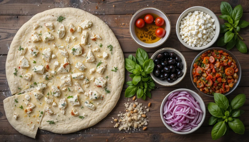 Separated ingredients for Mediterranean pizza including dough, feta, cherry tomatoes, olives, spinach, red onions, herbs, and spices arranged on a rustic surface