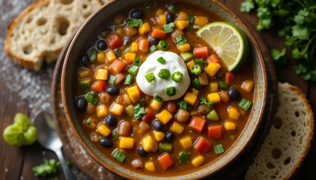 Cozy Comfort & Fresh Flavors: Beef Soup, Fruit Toast 5 Steaming Mexican Vegetable Soup with corn, beans, peppers, tomatoes, and cilantro served with lime and bread — Mexican Vegetable Soup Recipe in 16:9 composition.
