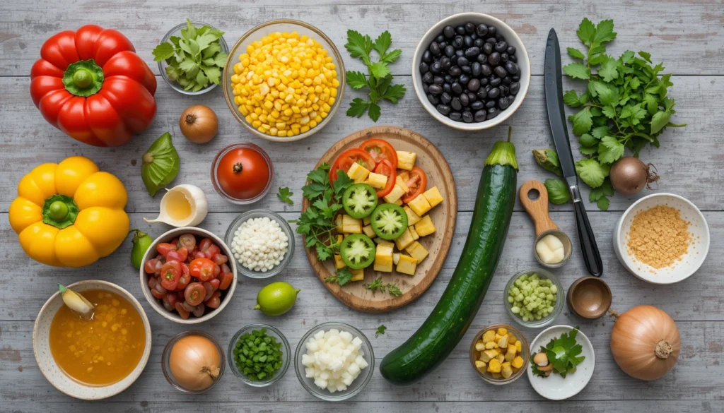 Cozy Comfort & Fresh Flavors: Beef Soup, Fruit Toast 6 Flat-lay of fresh ingredients for Mexican Vegetable Soup in a 16:9 format, including peppers, tomatoes, corn, beans, zucchini, onions, garlic, cilantro, lime, and vegetable broth