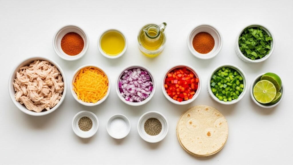 Birria Tacos-Mini Quesadillas & BBQ Chicken Tacos 5 All quesadilla ingredients displayed separately in small bowls in a clean top-down layout.