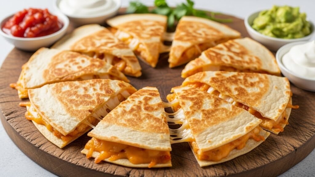 Birria Tacos-Mini Quesadillas & BBQ Chicken Tacos 4 Crispy mini chicken quesadillas served with salsa, sour cream, and guacamole on a rustic board