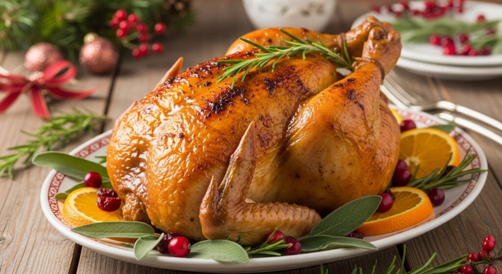 Golden roasted Christmas chicken glazed with orange-sage sauce, garnished with fresh sage, rosemary, orange slices, and cranberries on a festive platter