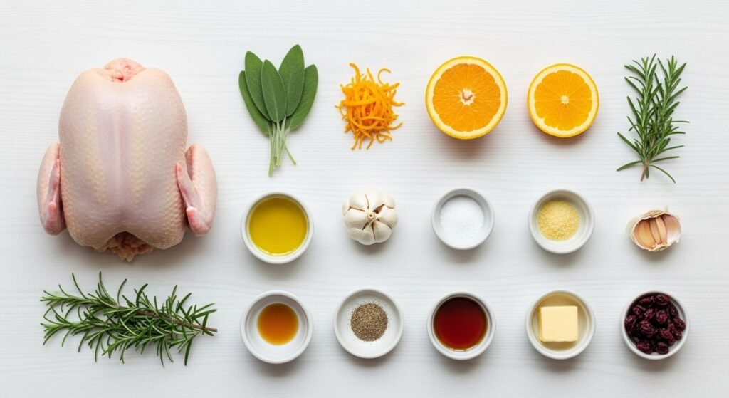 Separated ingredients for Orange Sage Christmas Chicken including whole chicken, sage, rosemary, orange slices, garlic, olive oil, butter, honey, and cranberries arranged neatly on a wooden surface.