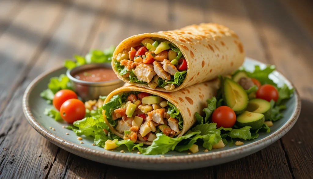 Quick and flavorful lunch plate with chicken wrap, salad, tomatoes, avocado, and dipping sauce in a bright 16:9 food scene.