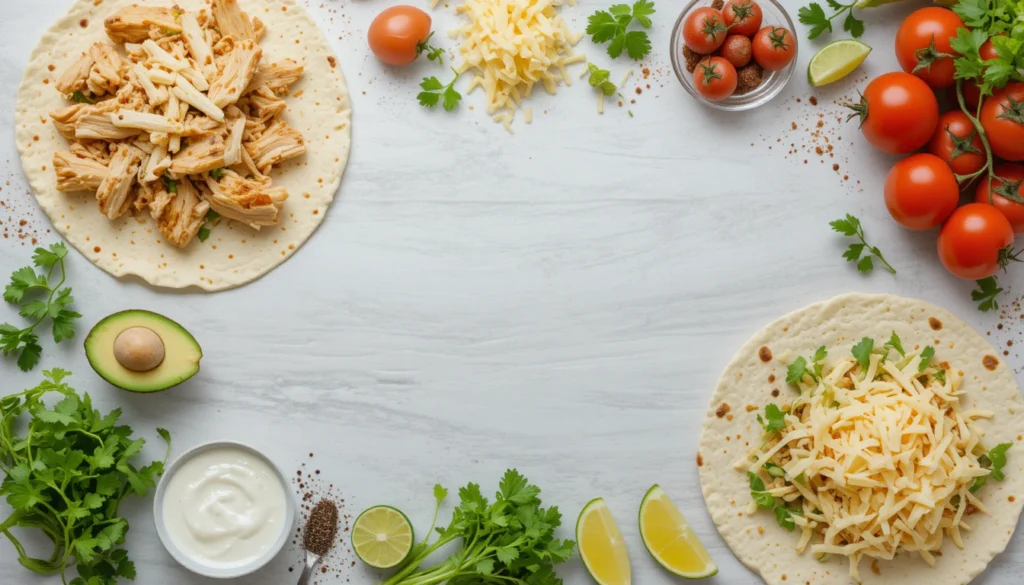 📝 Alt Text:
Flat-lay of quick lunch ingredients including chicken, tortillas, greens, tomatoes, avocado, cheese, lime, and sauce arranged in a 16:9 frame