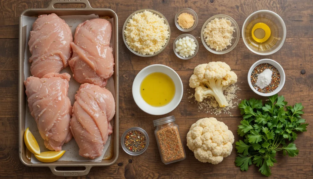 Separate ingredients laid out for sheet pan parmesan roasted cauliflower and chicken, including raw chicken, cauliflower, parmesan, olive oil, garlic, spices, and herbs