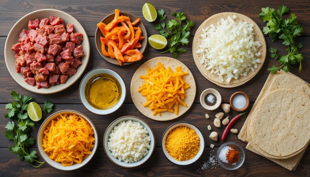 Crispy Chicken Burger - Big Mac & Beef Fajita Wraps 6 Separated ingredients for sizzling beef fajita wraps including beef strips, bell peppers, onions, cheese, tortillas, spices, lime, and cilantro arranged on a rustic surface