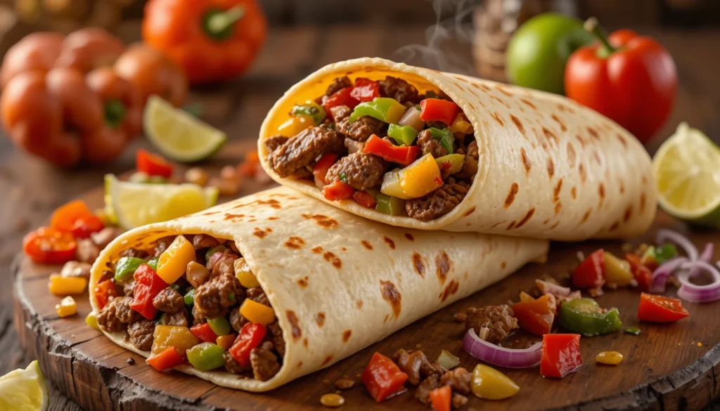 Crispy Chicken Burger - Big Mac & Beef Fajita Wraps 5 Sizzling beef fajita wrap with sautéed beef, bell peppers, onions, and melted cheese on a rustic wooden board with fresh vegetables and lime wedges