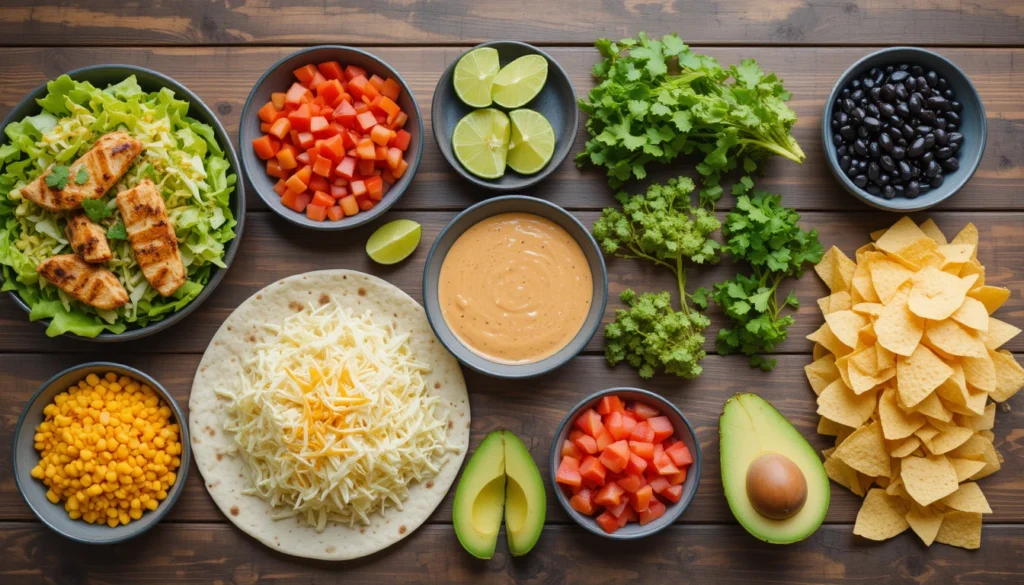 Southwest Crunch Wraps- Pizza & Creamy Chicken Wraps 3 Separated ingredients for Southwest Chicken Salad Crunch Wraps including chili-lime chicken, tortillas, lettuce, beans, corn, tomatoes, cheese, sauce, lime, cilantro, avocado, and tortilla chips arranged on a rustic surface