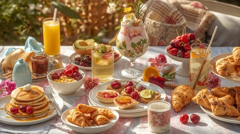 Hyper-realistic Summer Cherry Bowl with yogurt and granola surrounded by sweet and savory brunch dishes—pancakes, croissants, fruits, avocado toast—beautifully arranged on a bright table