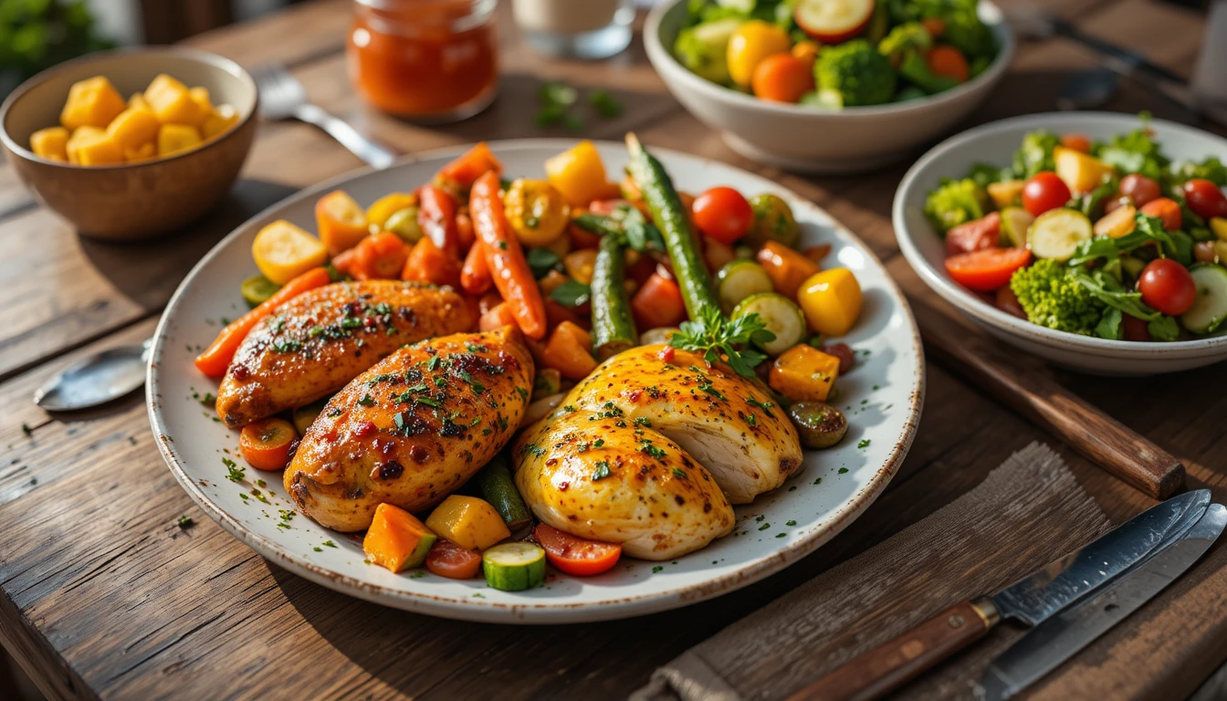 Herb Chicken, Glazed Veggies & Easy Summer Dinners 1 Healthy summer dinner featuring herb-roasted chicken, glazed vegetables, and a fresh salad, highlighting nutritious and colorful meal ideas.