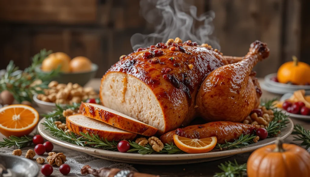 Golden roasted turkey with cranberry walnut glaze and holiday garnishes.