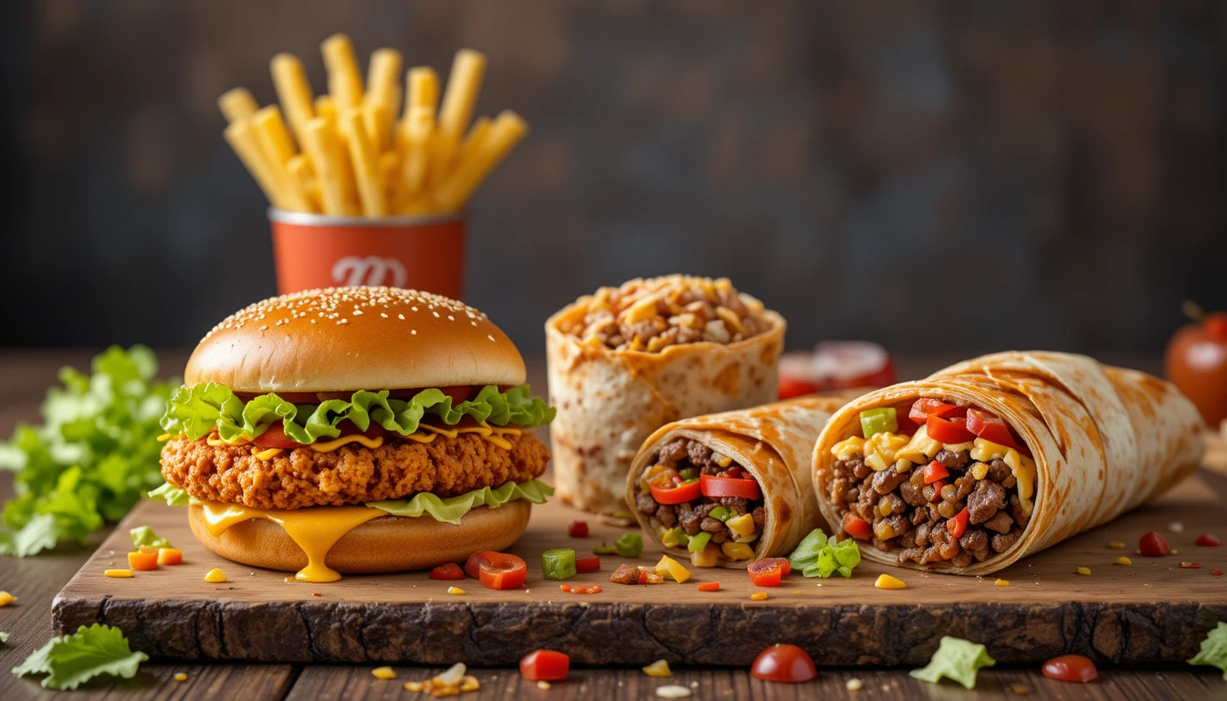 Crispy Chicken Burger - Big Mac & Beef Fajita Wraps 1 Ultimate homemade crispy chicken burger, Big Mac wraps with special sauce, and sizzling beef fajita wraps arranged on a rustic wooden board with fresh vegetables