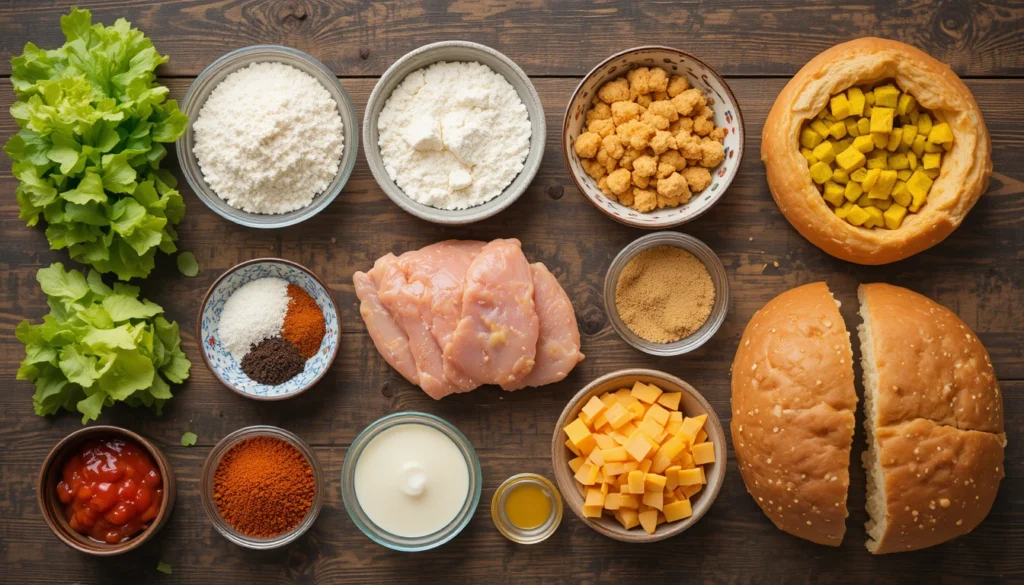 Crispy Chicken Burger - Big Mac & Beef Fajita Wraps 2 Separated ingredients for ultimate homemade crispy chicken burger including chicken fillets, flour, breadcrumbs, eggs, milk, spices, lettuce, tomato, cheese, buns, and sauces arranged on a rustic surface