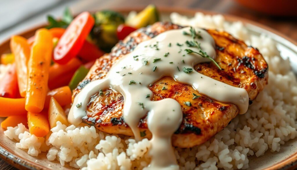 Grilled chicken breast with creamy herb sauce, served with rice and steamed vegetables, garnished with fresh herbs on a rustic plate.