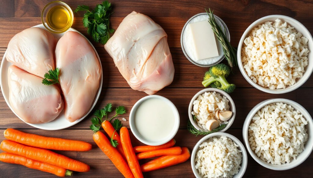 Separate ingredients for ultimate grilled chicken with creamy herb sauce, rice, and vegetables including raw chicken, spices, cream, parmesan, rice, and assorted vegetables.