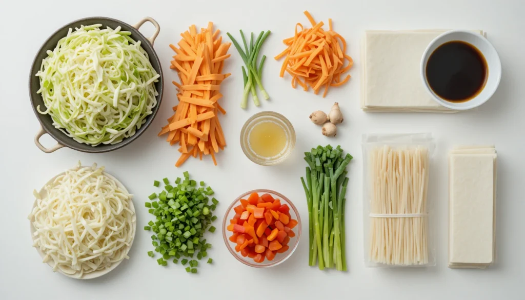 Separated ingredients for veggie spring rolls displayed neatly: cabbage, carrots, peppers, noodles, onions, garlic, ginger, soy sauce, and wrappers.