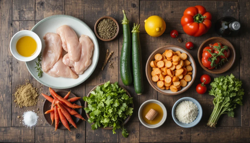 Herb Chicken, Glazed Veggies & Easy Summer Dinners 2 Individual ingredients for a healthy dinner recipe displayed separately, including chicken, olive oil, spices, vegetables, and salad components.