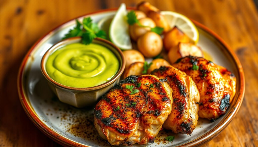 Zesty Peruvian grilled chicken served with creamy avocado sauce, lime wedges, and herbs on a rustic plate