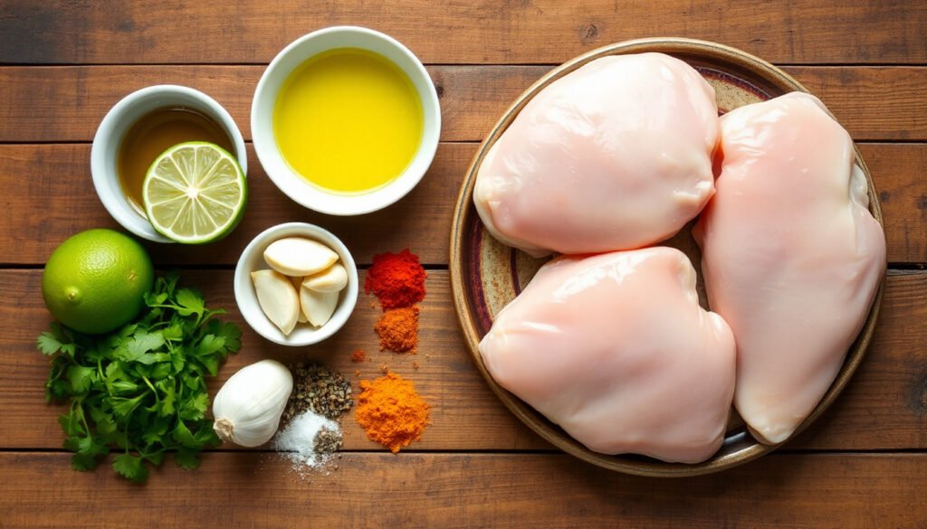 Separate ingredients for zesty Peruvian chicken including raw chicken, olive oil, lime, garlic, paprika, cumin, oregano, turmeric, chili powder, salt, black pepper, and cilantro